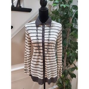 Pleione Women's Brown & Beige Polyester Collared Long Sleeve Button Down Shirt S